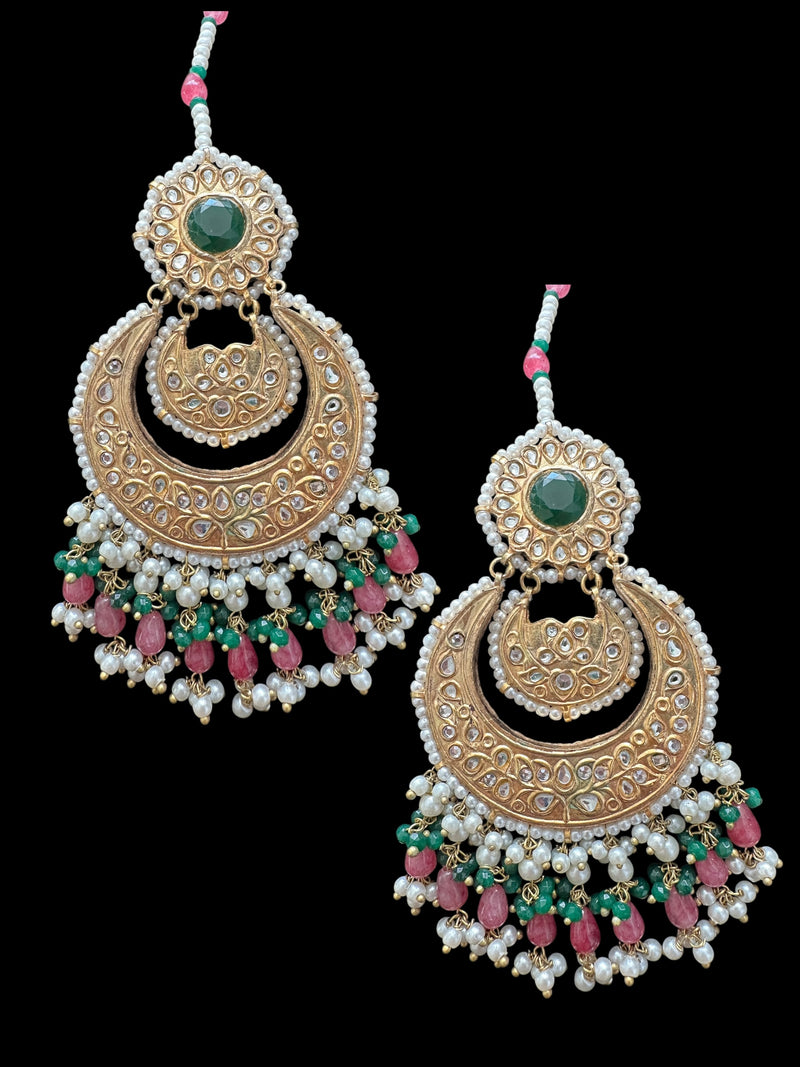 DER640 Shama gold plated pink and emerald kundan chandbali earrings - large ( READY TO SHIP )