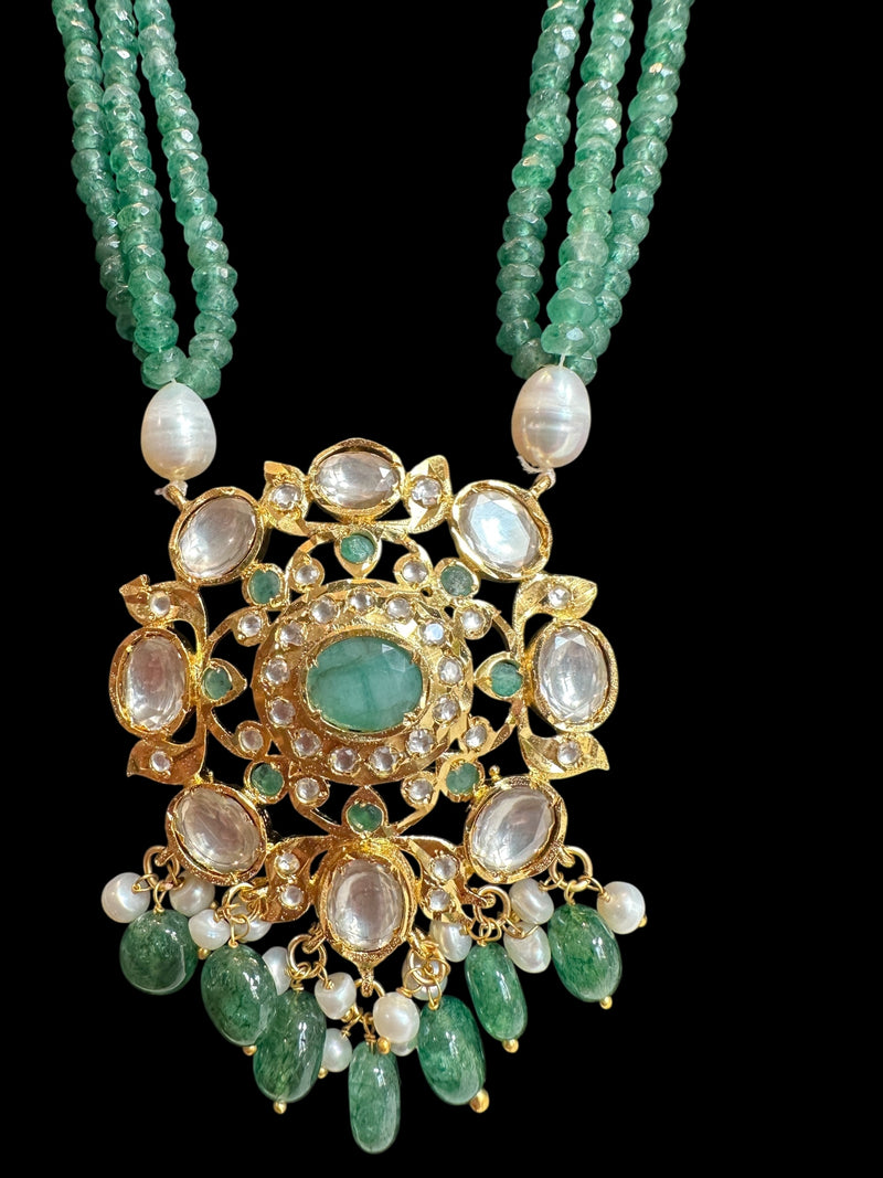 DLN133 Moissanite & Emerald beads Long Mala with Freshwater Pearls – Gold-Plated l Necklace Set ( SHIPS IN 4 WEEKS  )