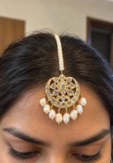 DJTK498 Traditional Hyderabadi Glass Polki Tika with Freshwater Pearls – Gold Plated ( READY TO SHIP )