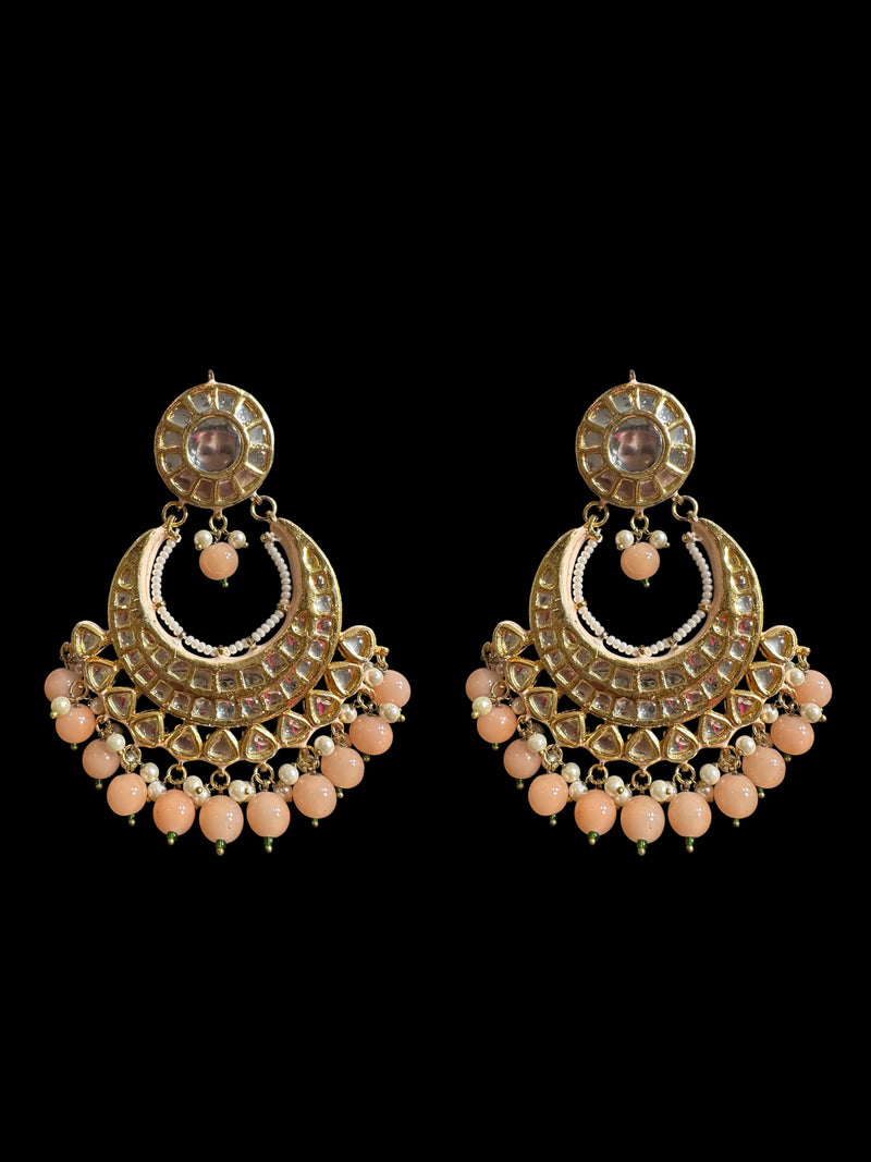 Kundan meena earrings - peach , Oversized chandbali  ( READY TO SHIP )