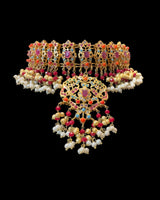 C596 Gold-Plated Navratan Choker Set with Earrings & Tika ( READY TO SHIP )
