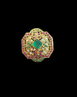 Ruby, Emerald & Freshwater Pearl Gold-Plated Silver Adjustable Ring ( READY TO SHIP)