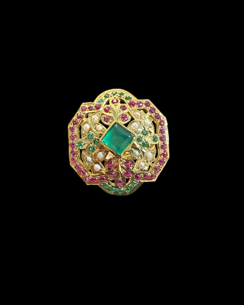 Ruby, Emerald & Freshwater Pearl Gold-Plated Silver Adjustable Ring ( READY TO SHIP)