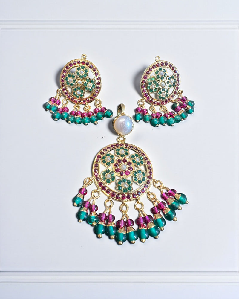 Gold-Plated 92.5 Silver Pendant Set in Ruby, Emerald & Pearl ( READY TO SHIP )