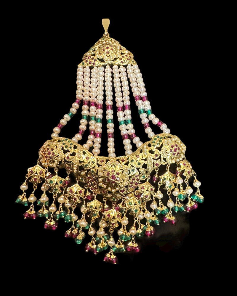 Jadau Jhoomar in Ruby, Emerald & Pearls – Gold Plated 92.5 Silver | Traditional Hyderabadi ( READY TO SHIP )