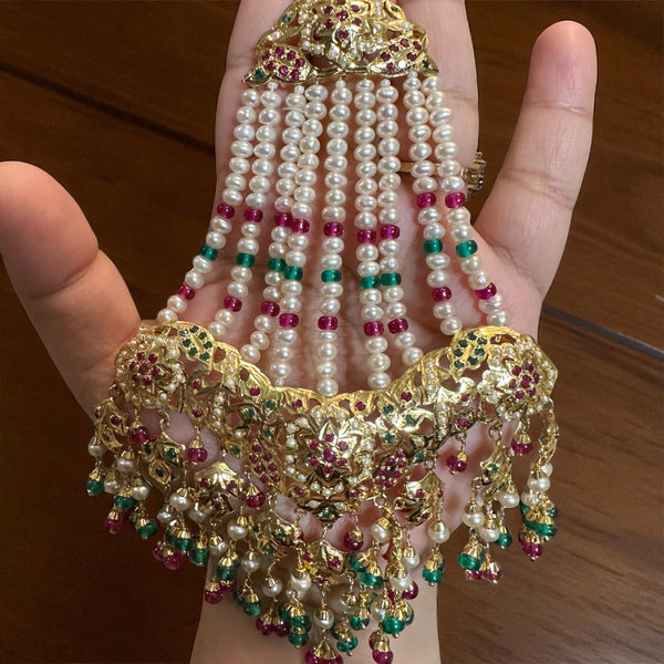 Jadau Jhoomar in Ruby, Emerald & Pearls – Gold Plated 92.5 Silver | Traditional Hyderabadi ( READY TO SHIP )