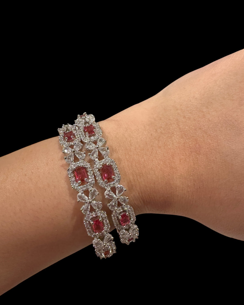 B817 Silver Plated Bangles in Clear and Ruby Cubic Zirconia ( READY TO SHIP )