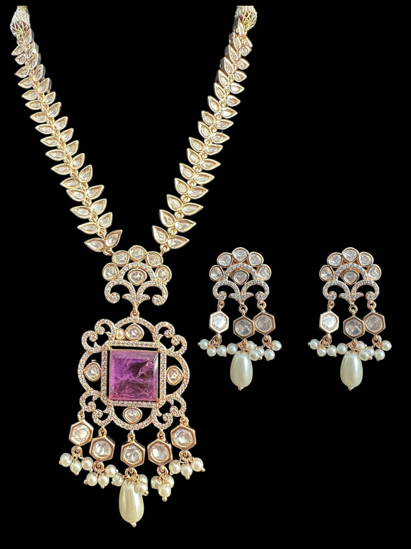 DNS154 Polki necklace set with pearls - PURPLE ( READY TO SHIP )