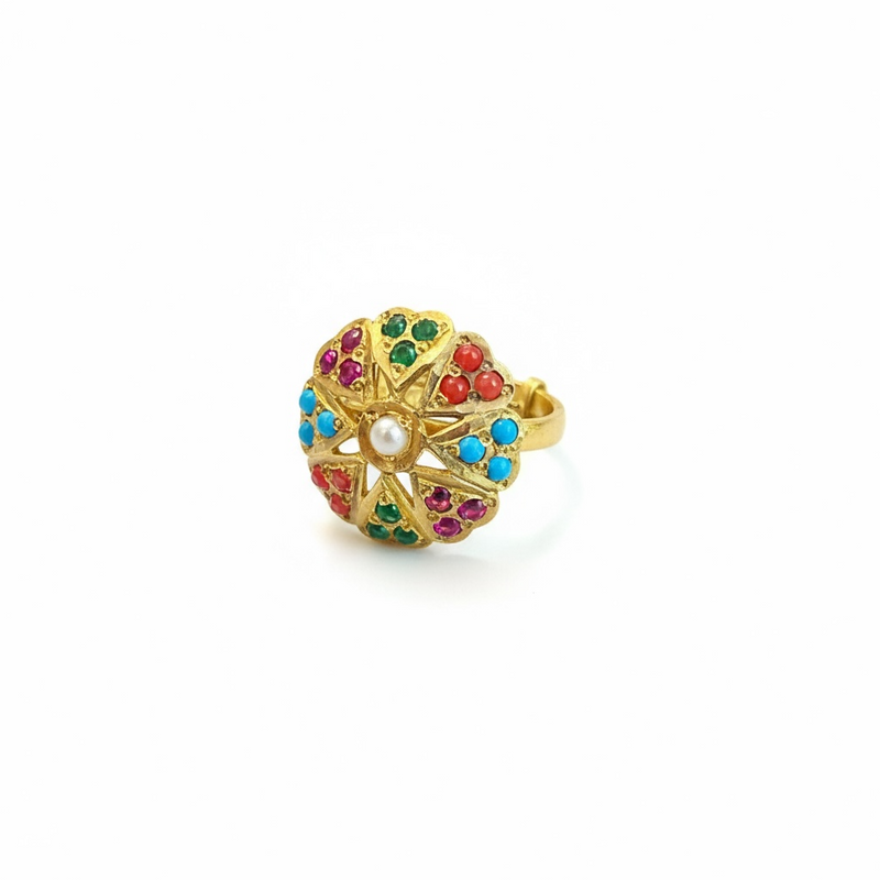 Navratan Adjustable Ring – Gold-Plated 92.5 Silver with Freshwater Pearl Center ( READY TO SHIP )