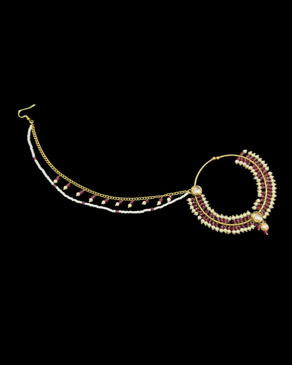 Handcrafted Kundan & Pearl Nosering with Double Chain – Non-Pierced Bridal Nath ( READY TO SHIP )