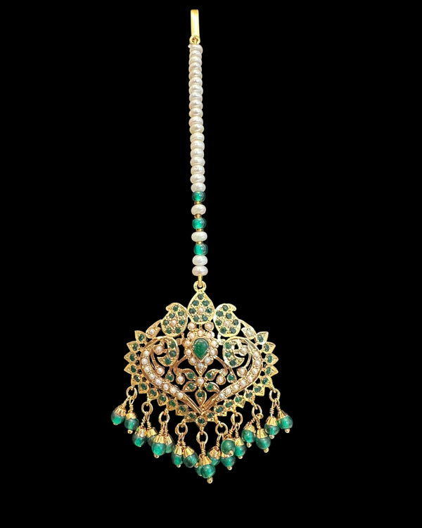Gold-Plated Silver Tika with Freshwater Pearls & Natural Emerald Beads – Bridal Elegance in 92.5 Silver ( READY TO SHIP )