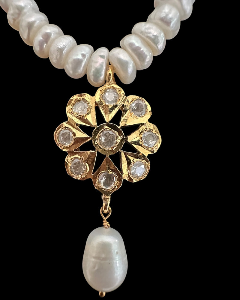 PS564 Barkha Floral Moissanite Polki Pendant Set with Freshwater Pearls – Gold-Plated Elegance ( READY TO SHIP )