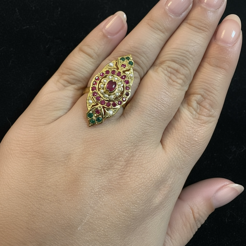 Ruby Emerald Pearl Adjustable Ring – Gold-Plated 92.5 Silver ( READY TO SHIP )