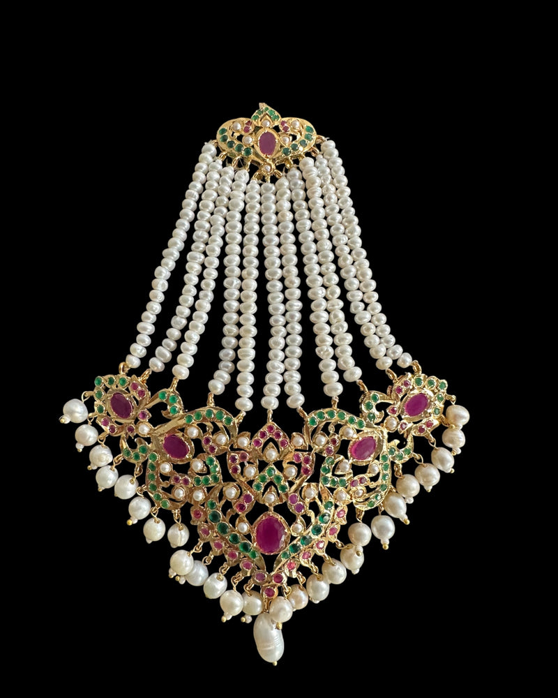 Kulsum jhoomar tika set in ruby emerald with fresh water pearls ( READY TO SHIP )