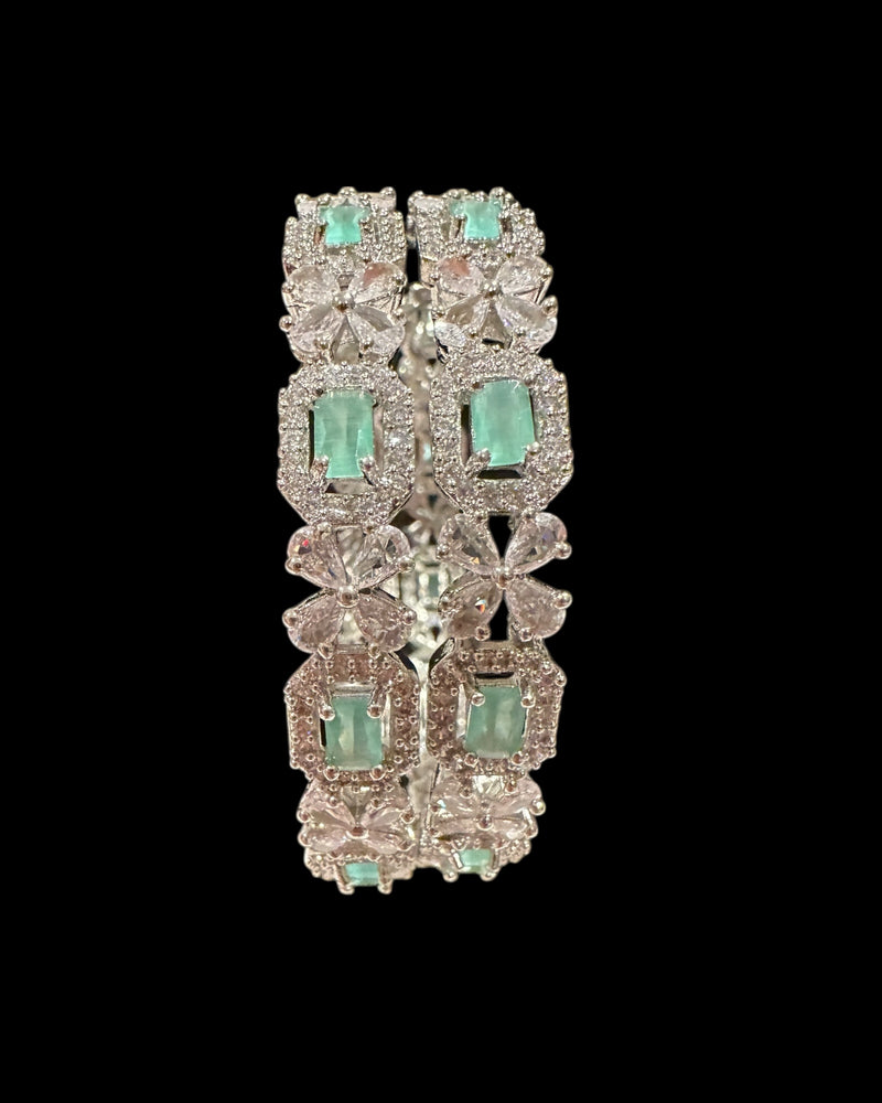 B818 Silver Plated Bangles in Clear and mint  Cubic Zirconia ( READY TO SHIP )