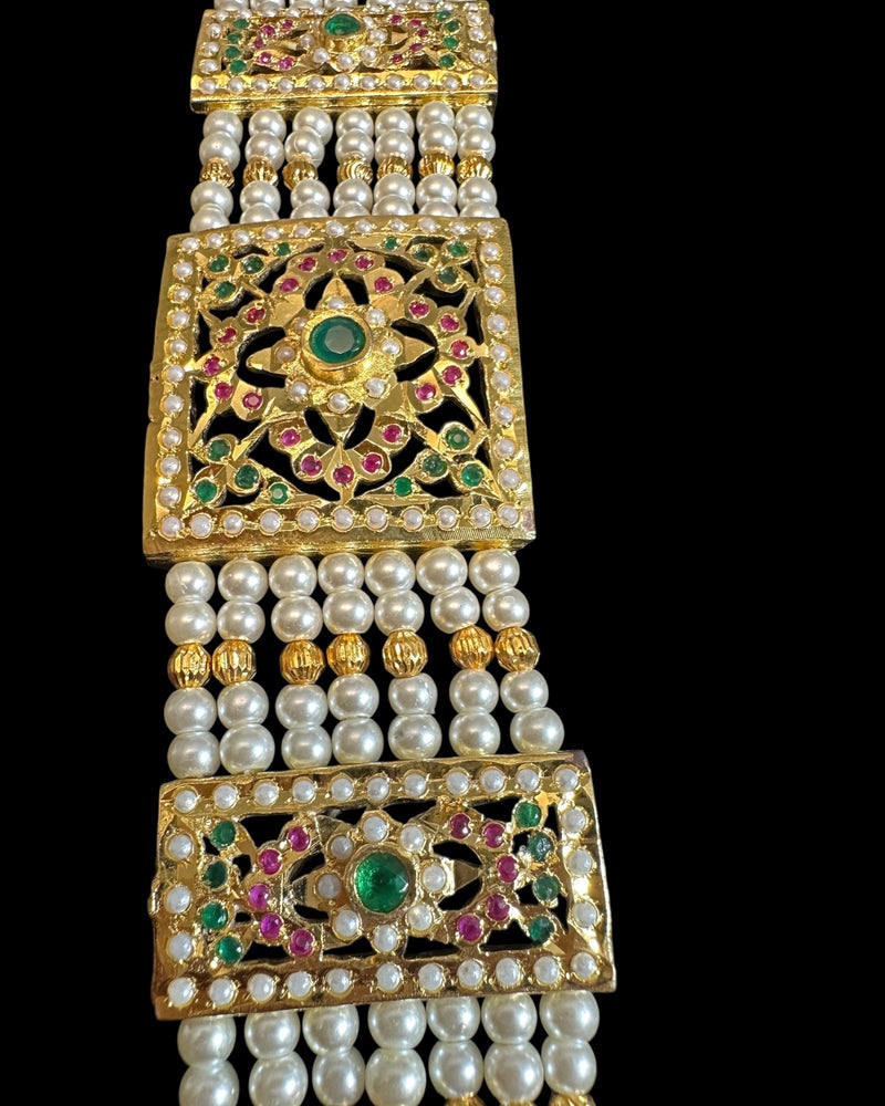 B66 Saira jadau bracelet in ruby emerald with pearls    ( READY TO SHIP )