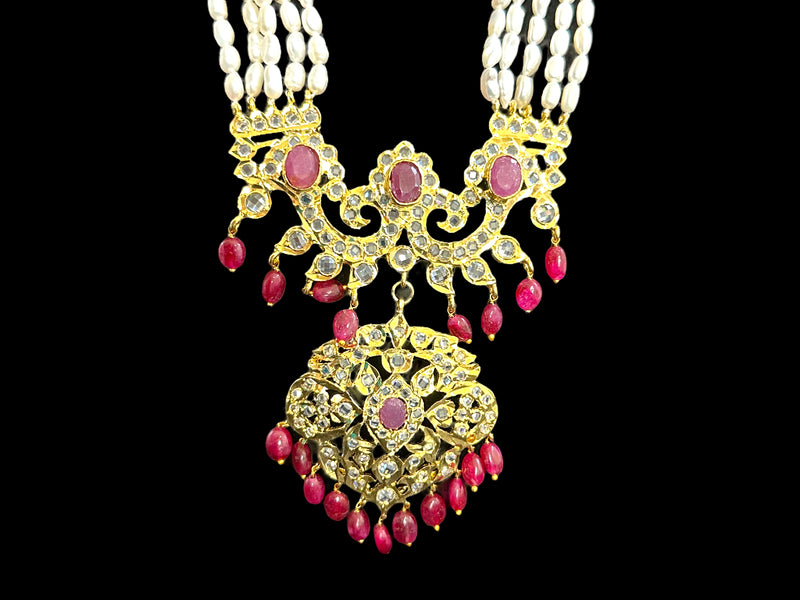 DLN34 Gold plated Rani haar in fresh water pearls and rubies ( READY TO SHIP )