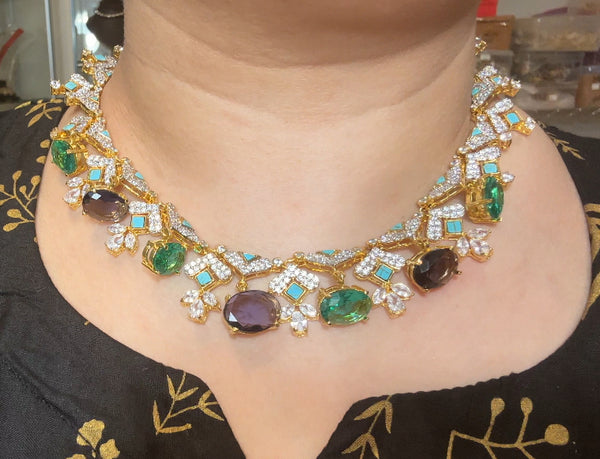 DNS212 Turquoise & CZ Necklace Set with Earrings – Gold Plated ( READY TO SHIP )