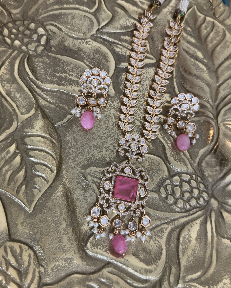 DNS173  Polki necklace set with pearls - PINK ( READY TO SHIP )