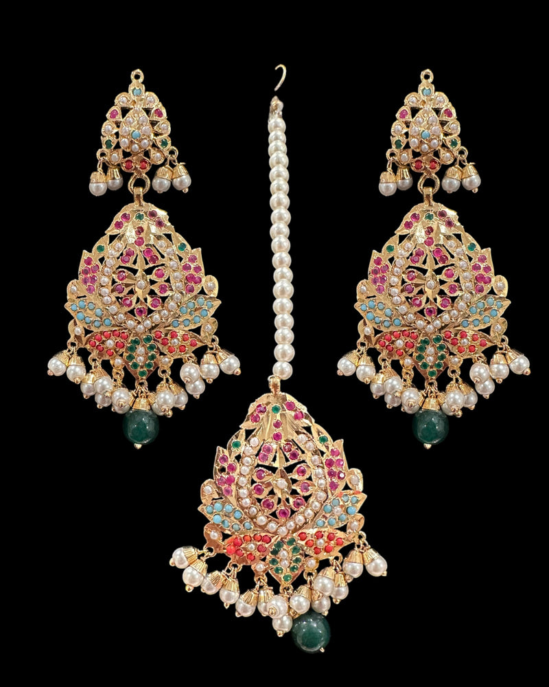 DJET20 Navratan Jadau Earrings tika  – Gold-Plated Elegance ( READY TO SHIP )