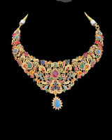 Navratan necklace earrings set in gold plating ( READY TO SHIP )