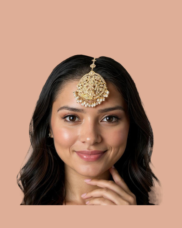 DJTK366 Samra Punjabi Pearl Tika – Gold-Plated Bridal Headpiece with Shell Pearls ( READY TO SHIP )