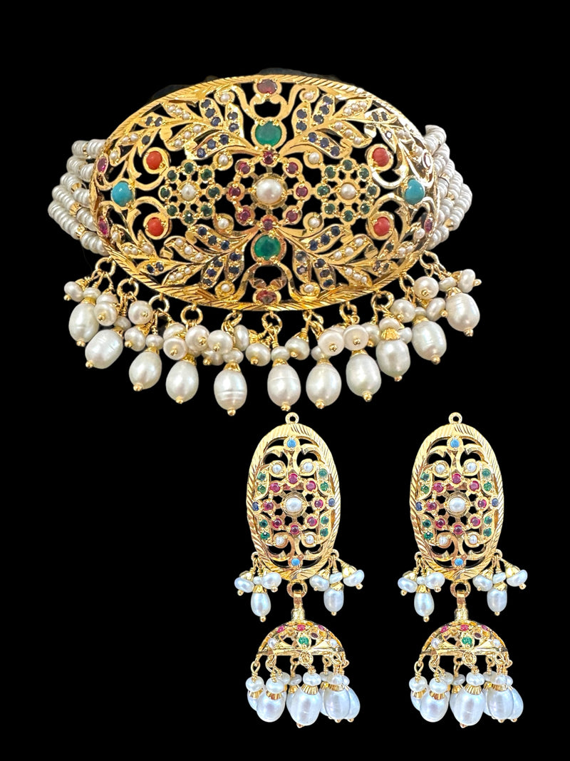 Navratan / Multicolored Jadau choker Set in Gold Plated Silver ( READY TO SHIP )