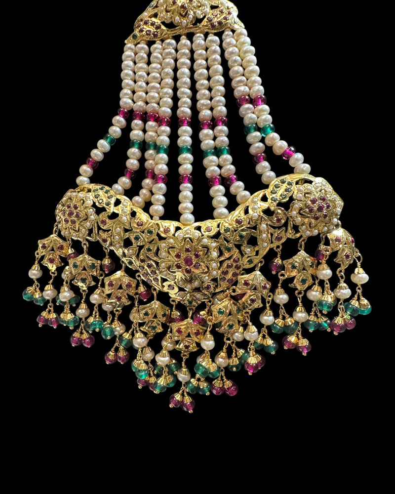 Jadau Jhoomar in Ruby, Emerald & Pearls – Gold Plated 92.5 Silver | Traditional Hyderabadi ( READY TO SHIP )