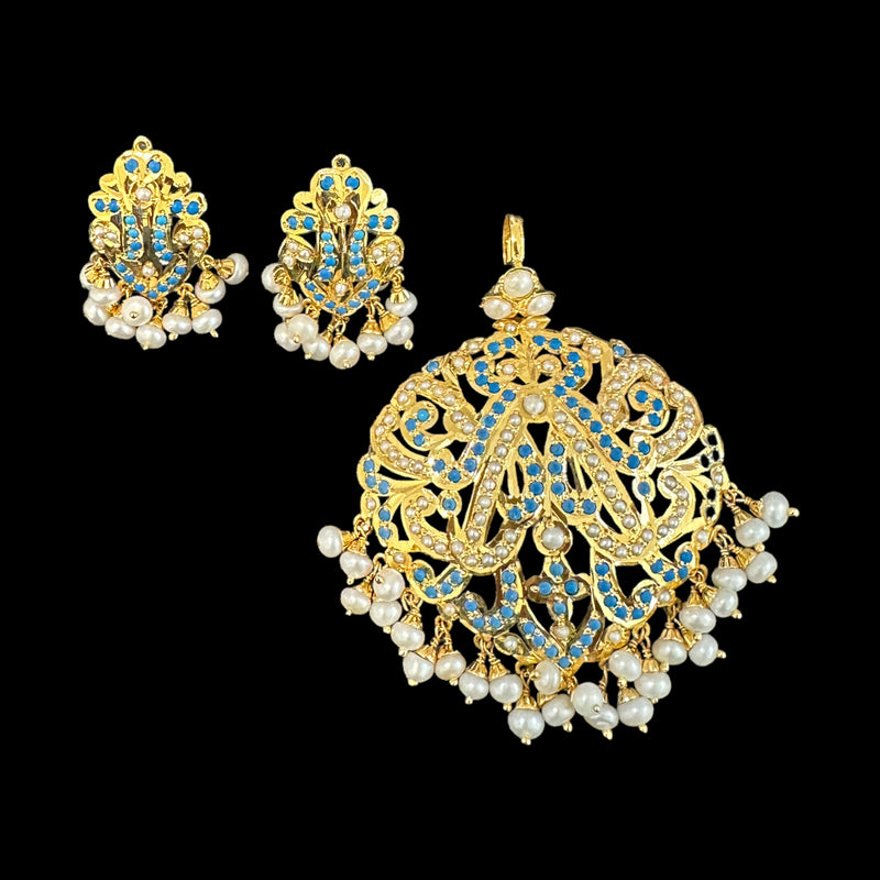 Turquoise and pearl gold plated silver pendant set ( READY TO SHIP )