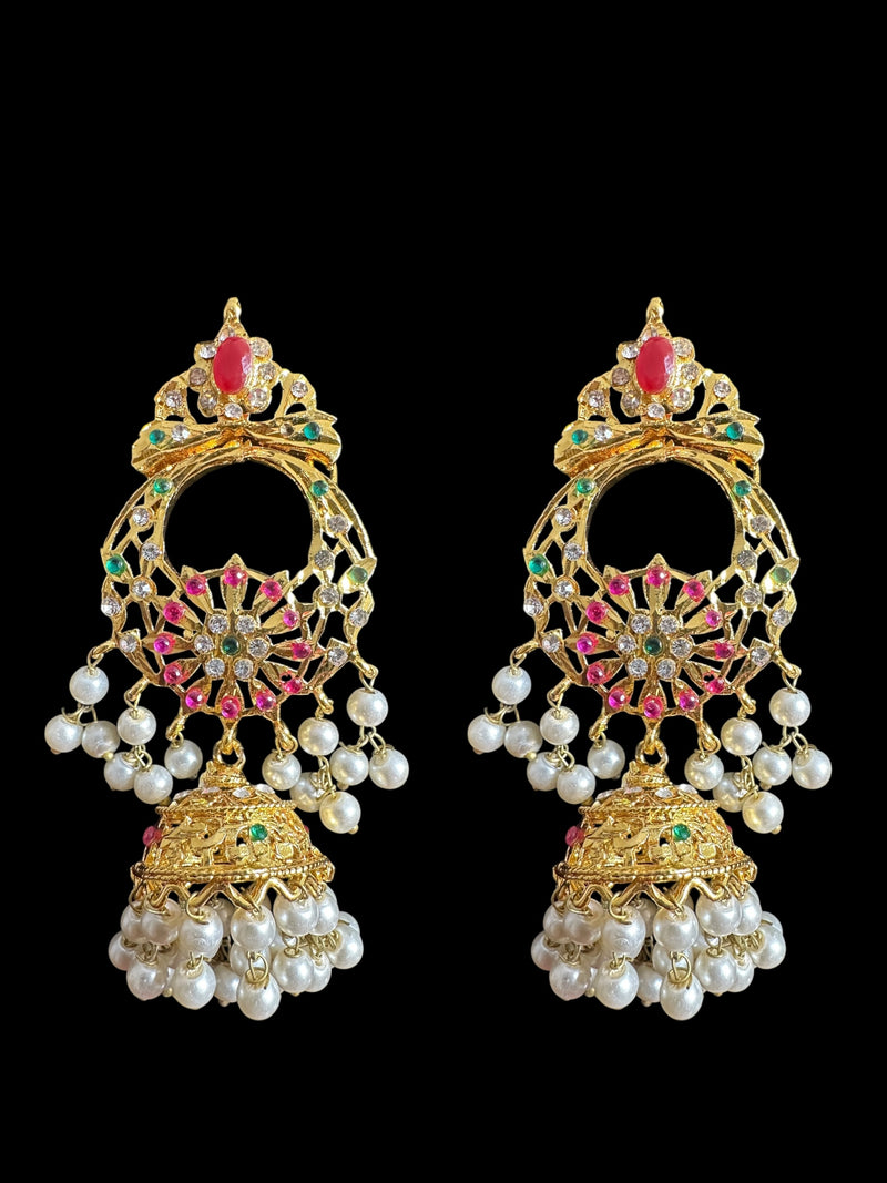 Zara earrings with jhumka and tika set in pearls- ruby emerald combination  ( READY TO SHIP )