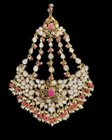 Bridal Choker Set in  Ruby & Shell Pearls | Gold-Plated | Earrings + Jhoomar + Tikka ( READY TO SHIP )