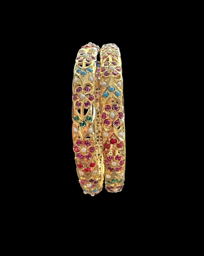 Gold-Plated Silver Navratan Jadau Bangles with Freshwater Pearls – Set of Two ( READY TO SHIP )