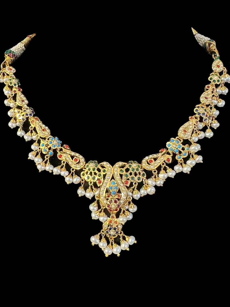 Navratan Multicolored Jadau delicate Necklace Set in Gold Plated