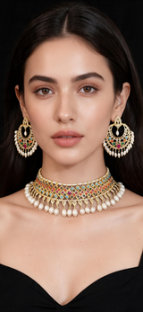 C601 MAHIRA v choker set in fresh water pearls- Navratan  (READY TO SHIP)