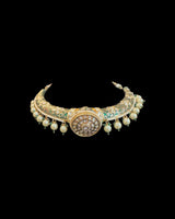 C605 Gold-Plated Meenakari Hasli Necklace Set with Polki Jhumka Earrings ( READY TO SHIP )