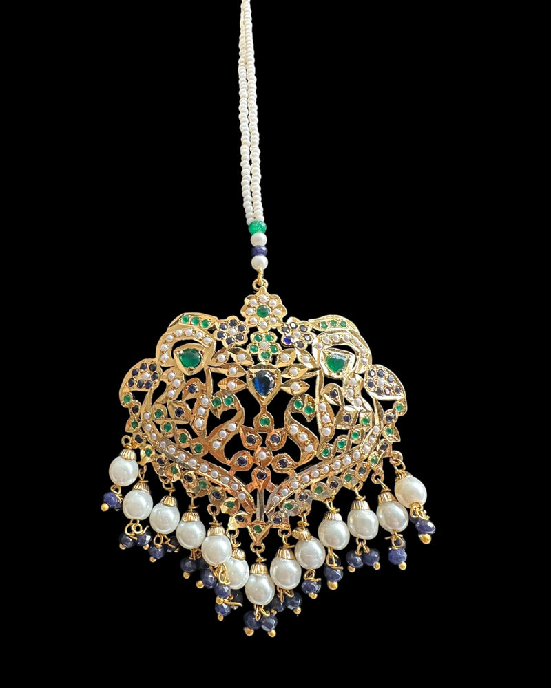 DNS210 Neeli Handcrafted Blue-Green Jadau Necklace Set with Shell Pearls, CZ Stones, Earrings & Tika ( READY TO SHIP )
