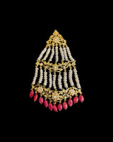 DJHR200 Traditional Hyderabadi Moissanite Polki Bridal Jhoomar with Ruby & Freshwater Pearls ( READY TO SHIP )