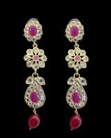 DNS209 🌸 Floral Motif Hyderabadi Necklace Set – Gold-Plated with CZ Polki & Ruby Quartz Beads ( READY TO SHIP )