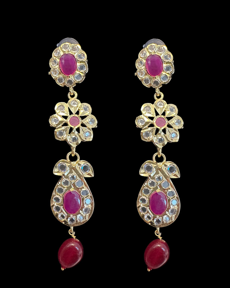 DNS209 🌸 Floral Motif Hyderabadi Necklace Set – Gold-Plated with CZ Polki & Ruby Quartz Beads ( READY TO SHIP )