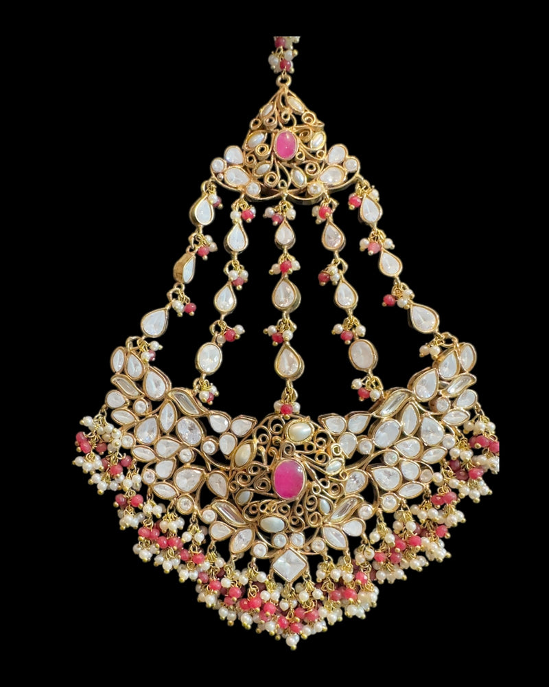 Bridal Choker Set in  Ruby & Shell Pearls | Gold-Plated | Earrings + Jhoomar + Tikka ( READY TO SHIP )