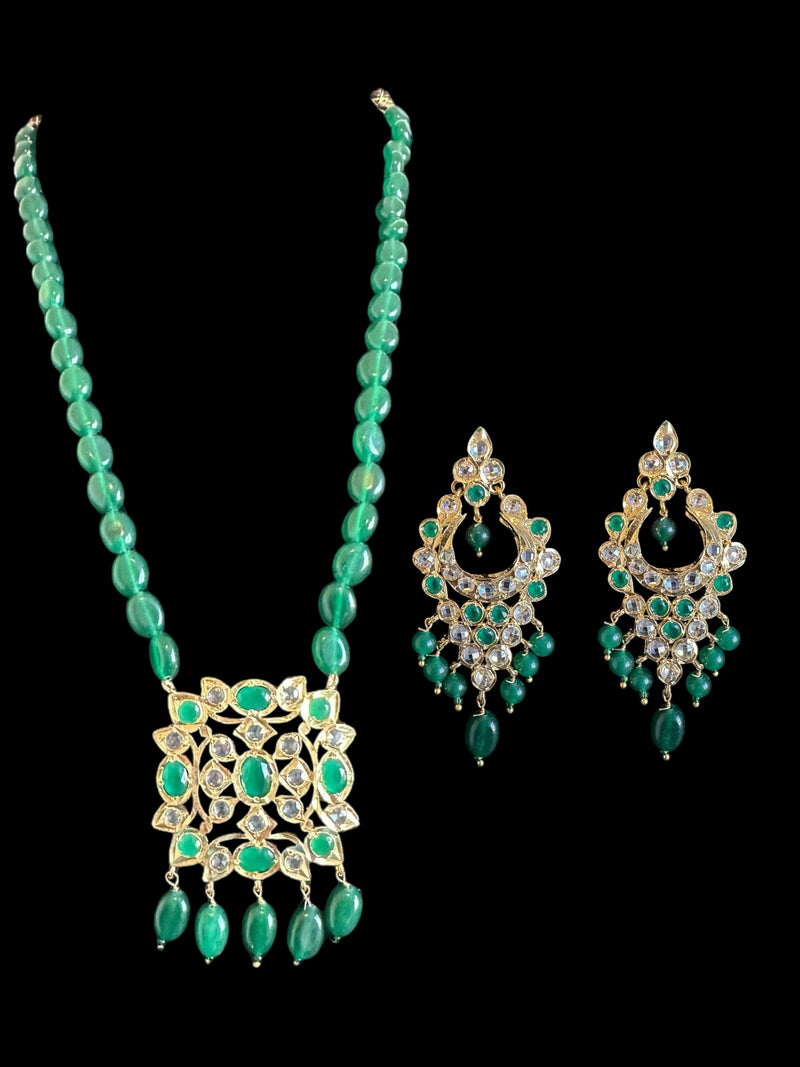 PS516 Bareeha Emerald Green Polki Pendant & Earring Set | Deccan Jewelry( READY TO SHIP )