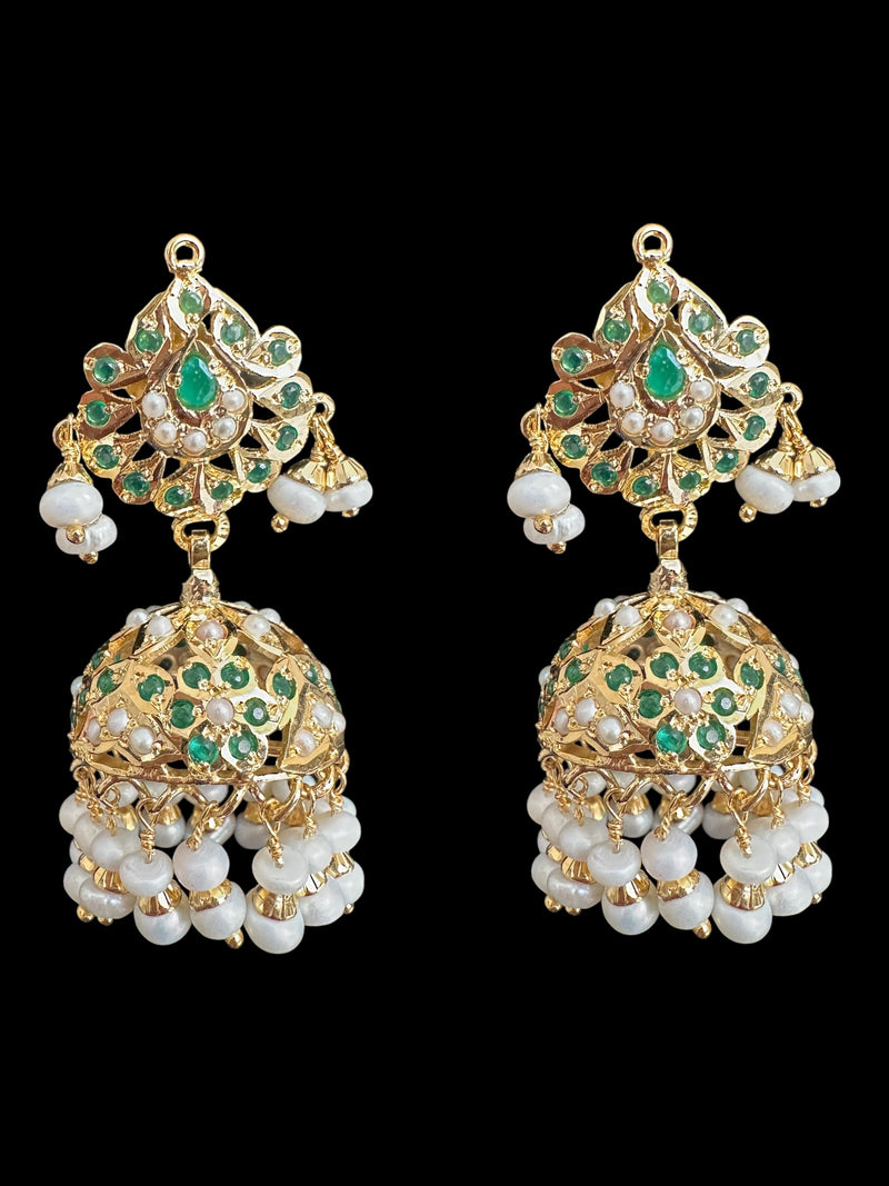 MISHAL gold plated silver jhumka - emeralds & pearls ( READY TO SHIP )