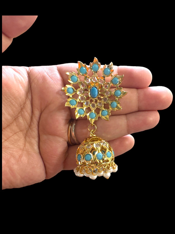 DER514 karanphool jhumka - large size / turquoise ( READY TO SHIP )