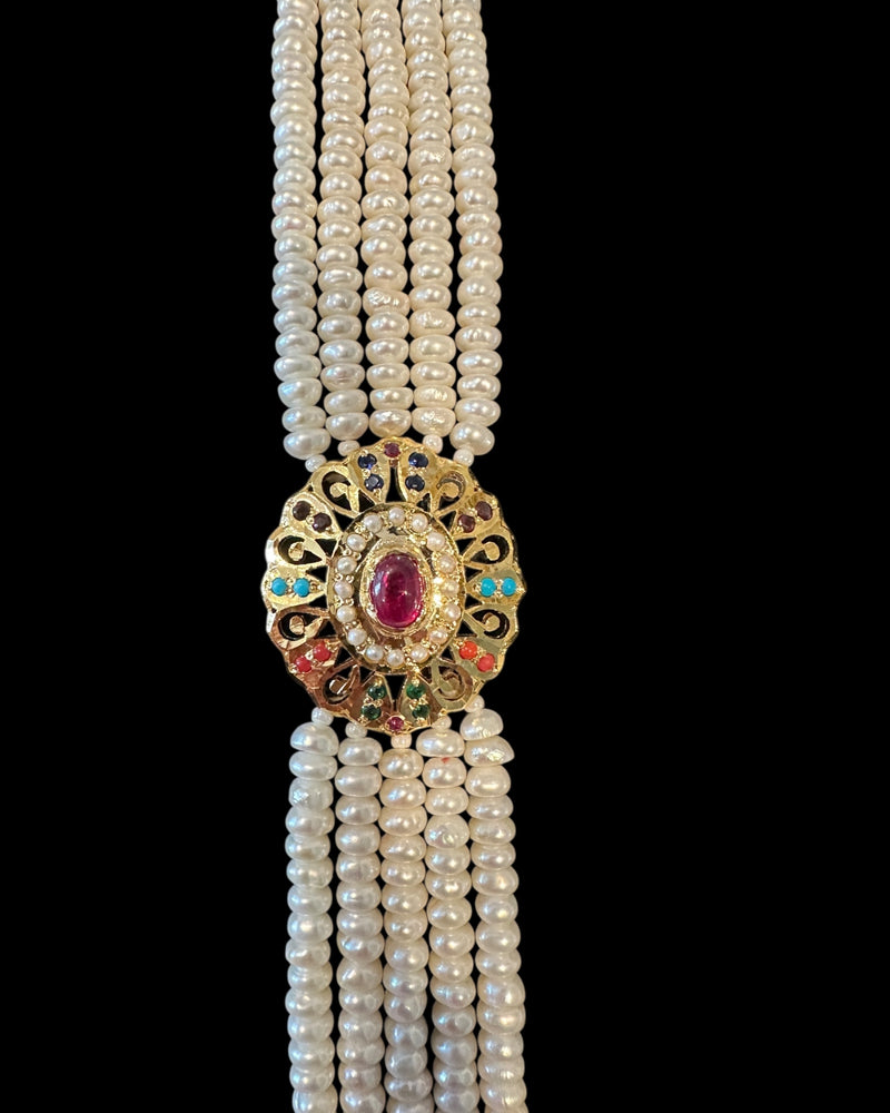 Navratan Gold-Plated Silver Bracelet with Freshwater Pearls ( READY TO SHIP )