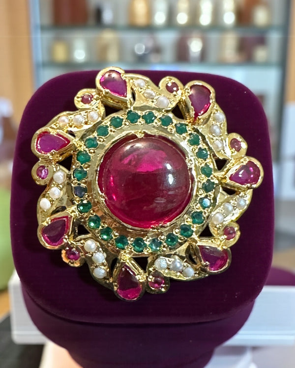 Ruby, Emerald & Freshwater Pearl Gold-Plated Silver Adjustable Ring ( READY TO SHIP )
