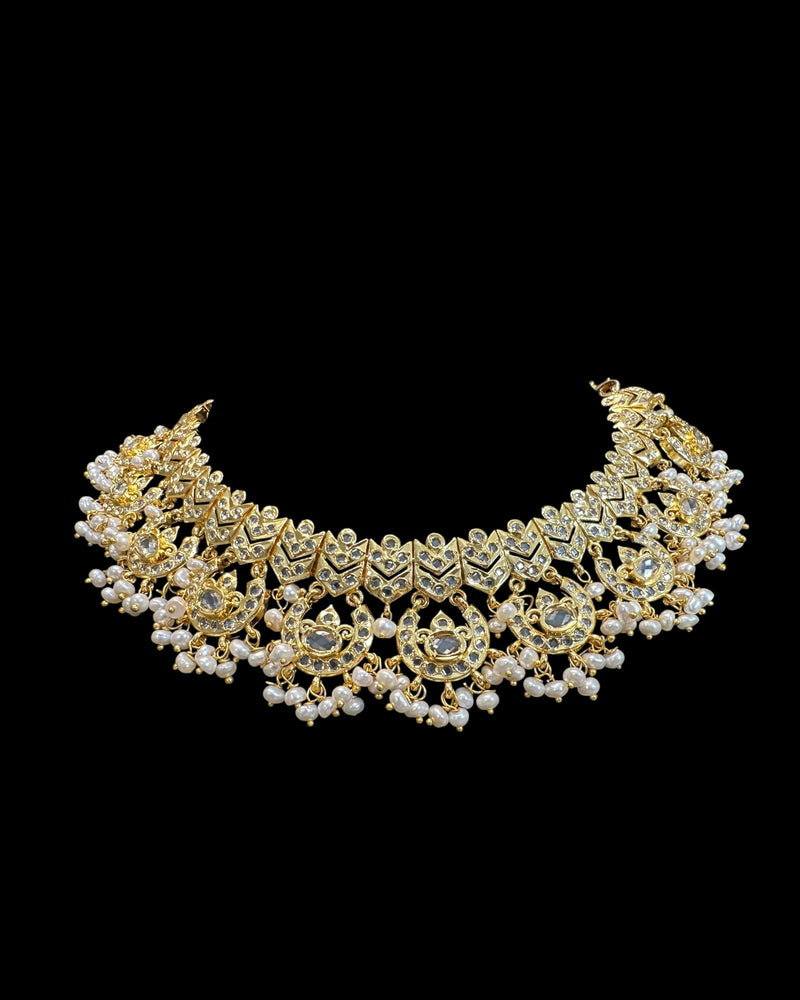 DNS216 Gold-Plated Necklace Set with Freshwater Pearls & CZ Polki | Intricate Bridal & Party Jewelry ( READY TO SHIP )
