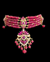 C575 Zarifa Gold-Plated Choker with Earrings – Ruby Beads & Pearl Detailing ( READY TO SHIP )