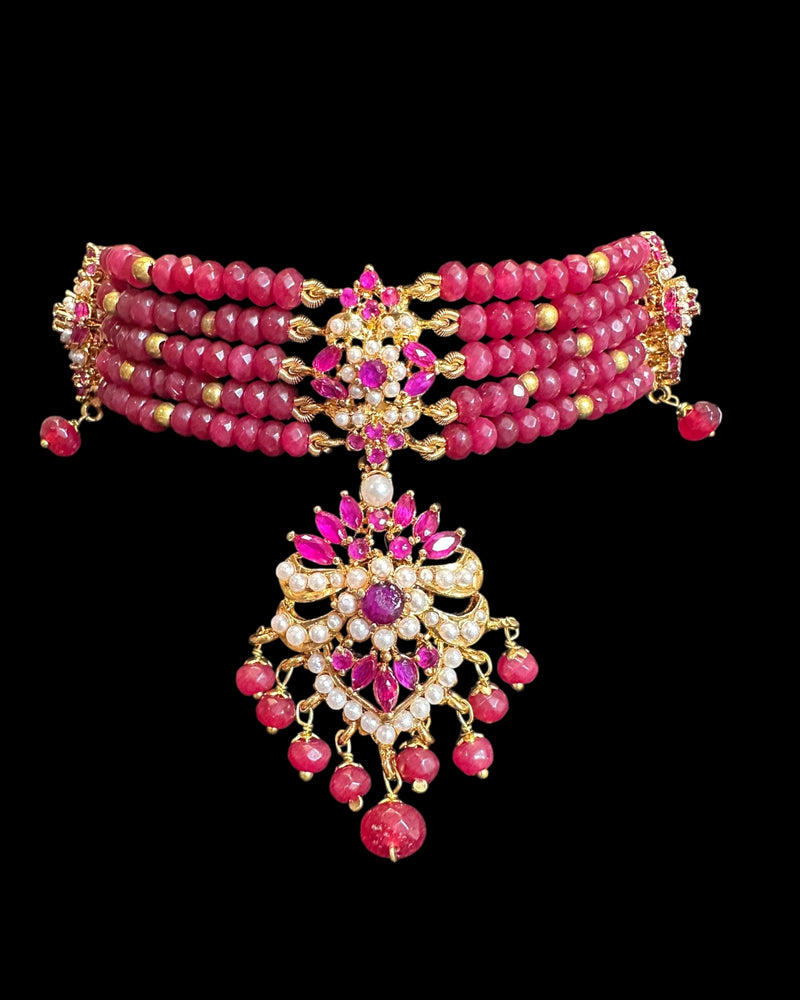 C575 Zarifa Gold-Plated Choker with Earrings – Ruby Beads & Pearl Detailing ( READY TO SHIP )