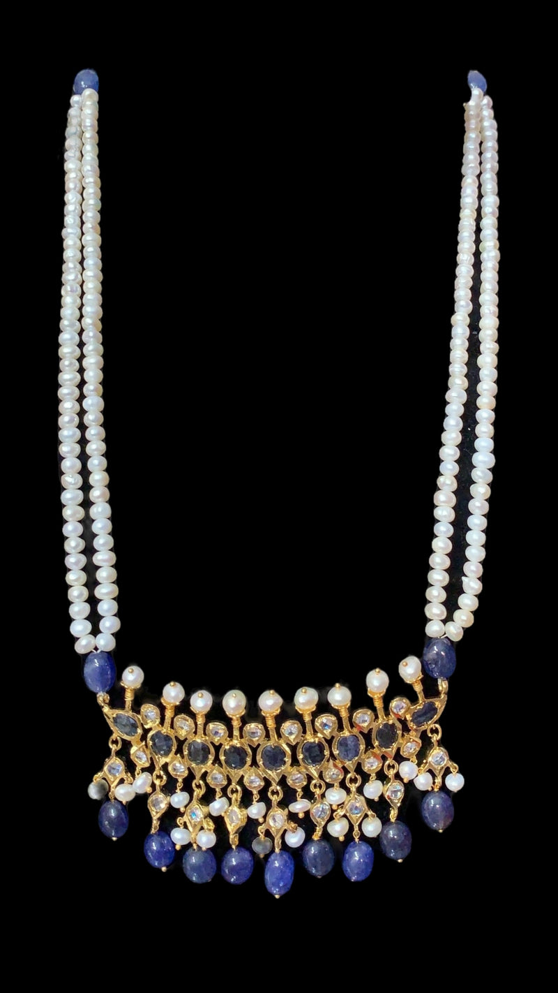 Tirmani Necklace Set with chandbali Earrings – 22K Gold-Plated Jewelry with Freshwater Pearls and sapphire 
 ( SHIPS IN 4 WEEKS  )