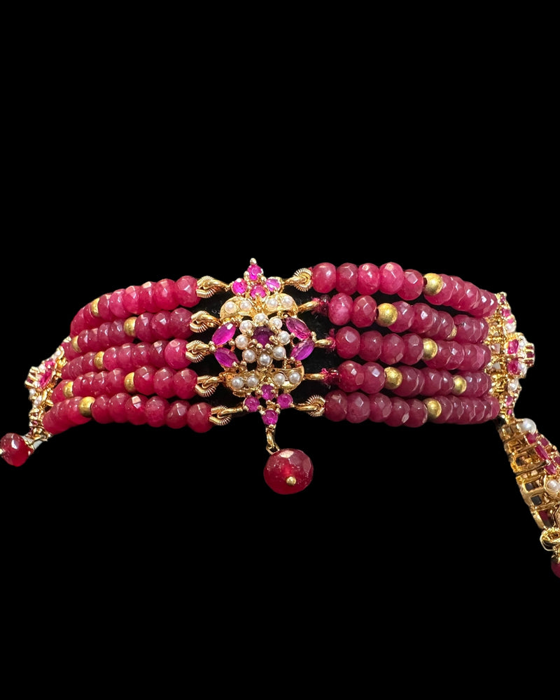 C575 Zarifa Gold-Plated Choker with Earrings – Ruby Beads & Pearl Detailing ( READY TO SHIP )